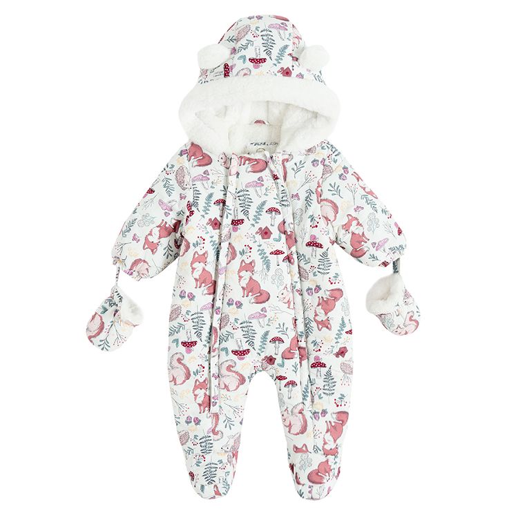 Pink floral hooded footles snowsuit with 2 side zippers