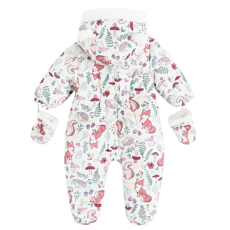 Pink floral hooded footles snowsuit with 2 side zippers