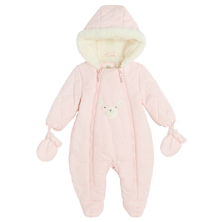 Pink footeless hooded snowsuit, 2 side zippers