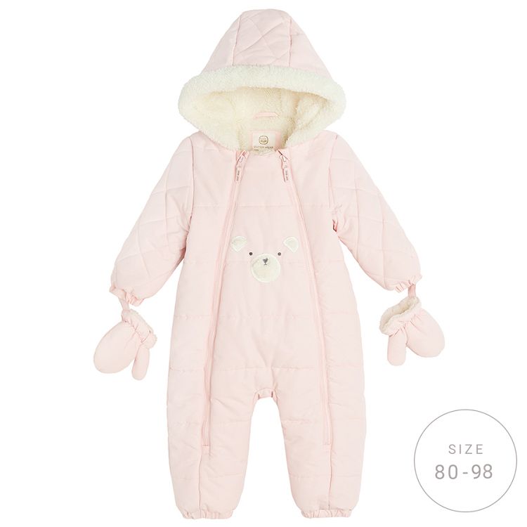 Pink footeless hooded snowsuit, 2 side zippers