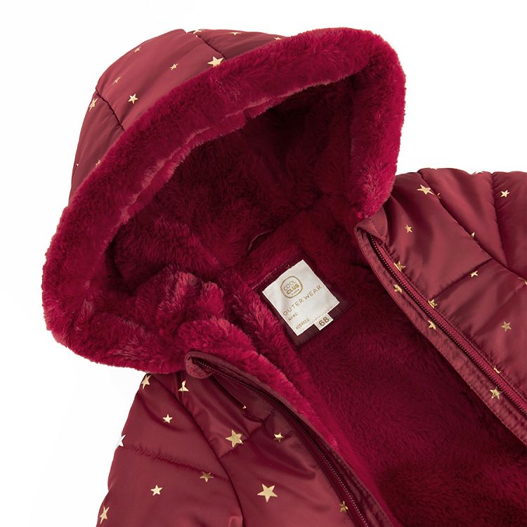 Burgundy footed hooded snowsuit with 2 side zippers