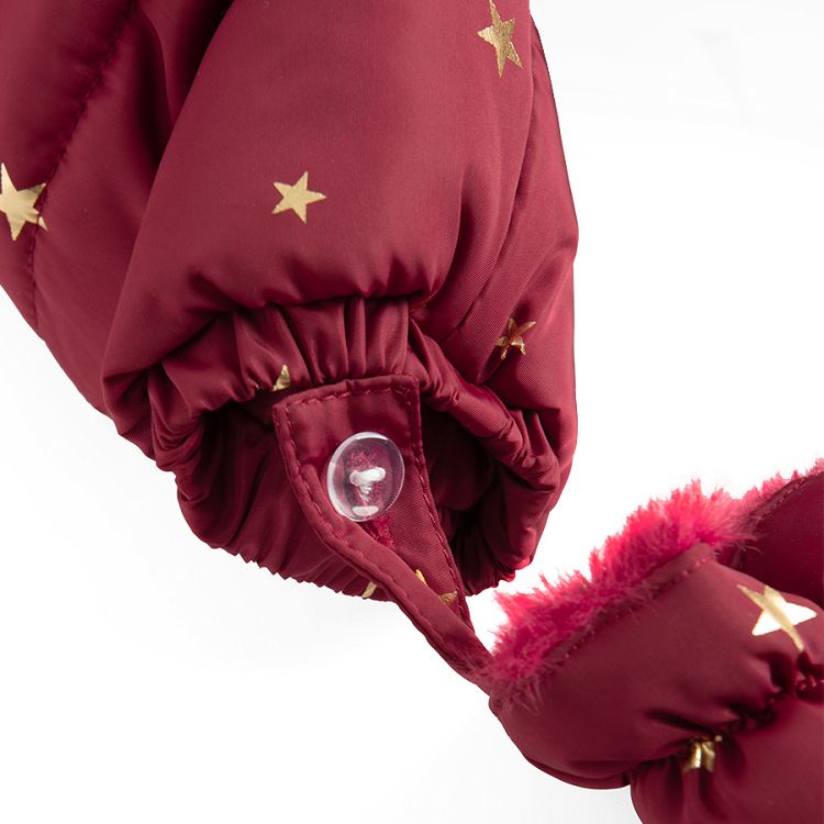 Burgundy footed hooded snowsuit with 2 side zippers