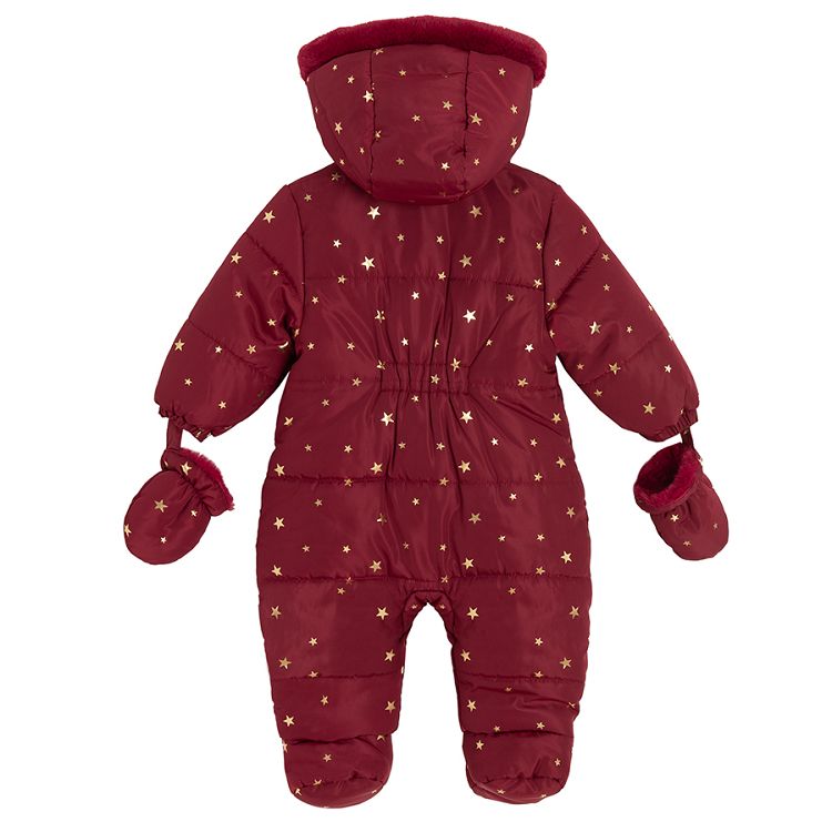 Burgundy footed hooded snowsuit with 2 side zippers