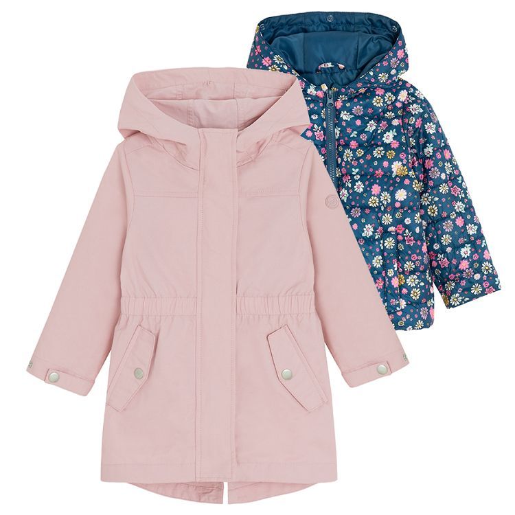 Pink hooded and blue floral jackets set- 2 pieces