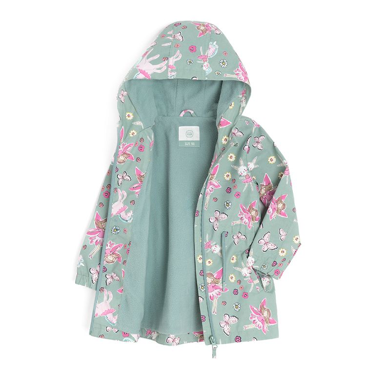 Green light hooded jacket with unicorns print