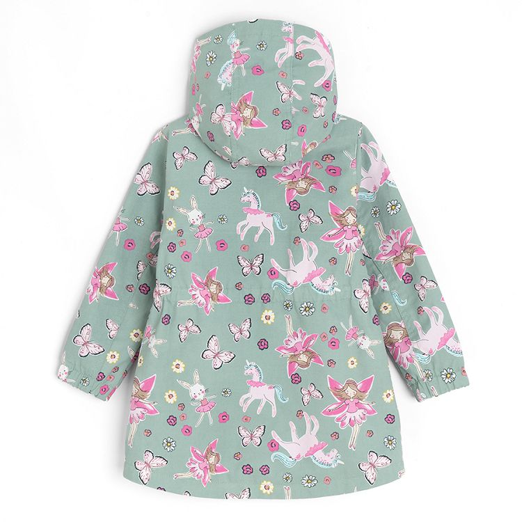 Green light hooded jacket with unicorns print