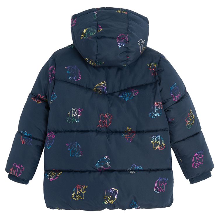 Black zip through hooded winter jacket with sea horse print