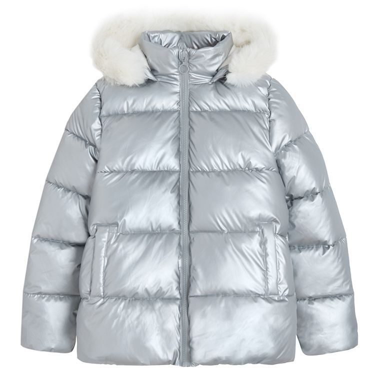 Metalic winter jacket with fur on the hood