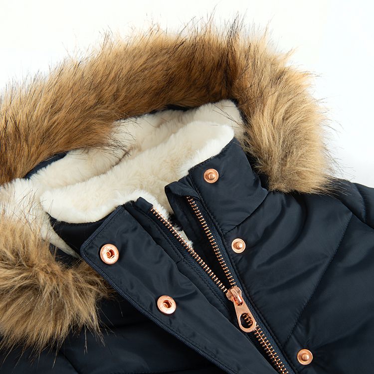 Blue winter coat with fur on the hood and belt