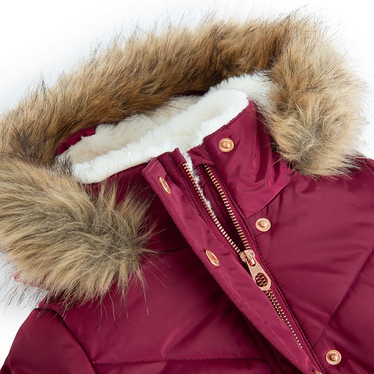 Burgundy winter coat with fur on the hood and belt