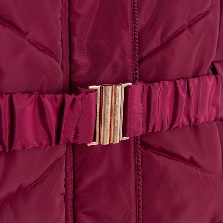 Burgundy winter coat with fur on the hood and belt