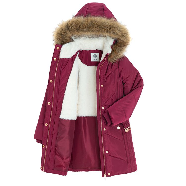 Burgundy winter coat with fur on the hood and belt