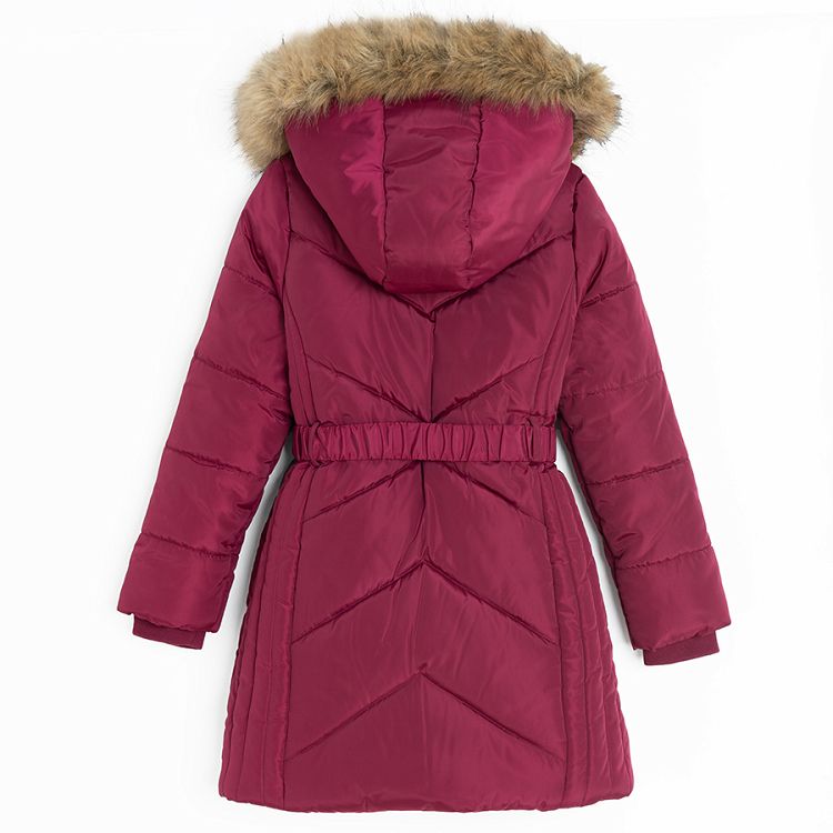 Burgundy winter coat with fur on the hood and belt