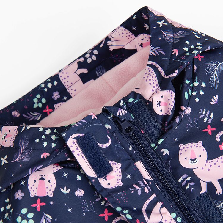 Blue hooded ski jacket with pink cats print