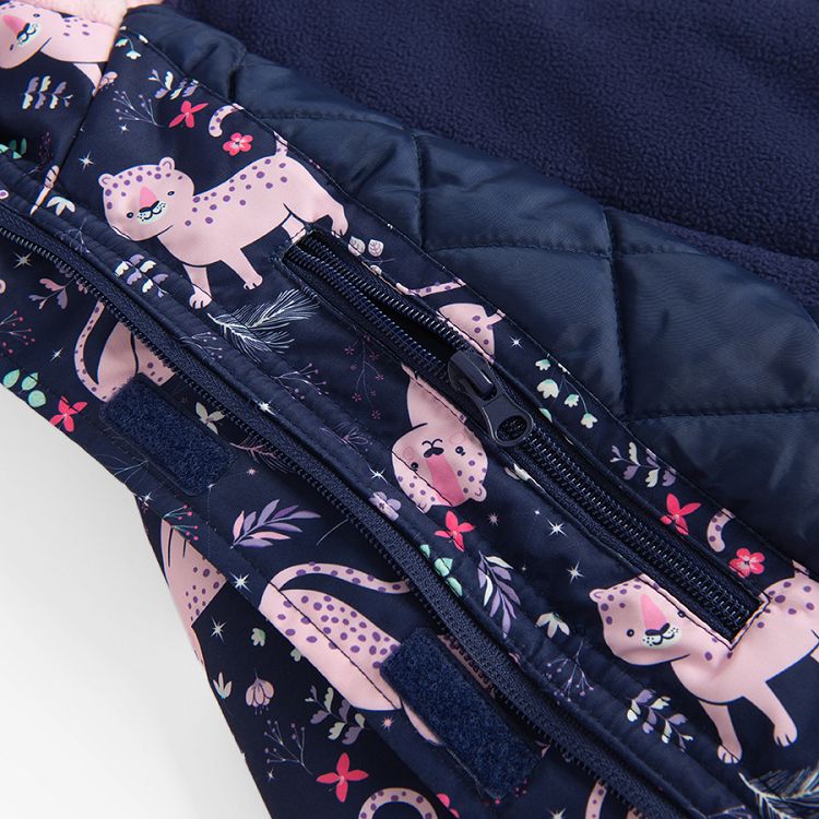 Blue hooded ski jacket with pink cats print