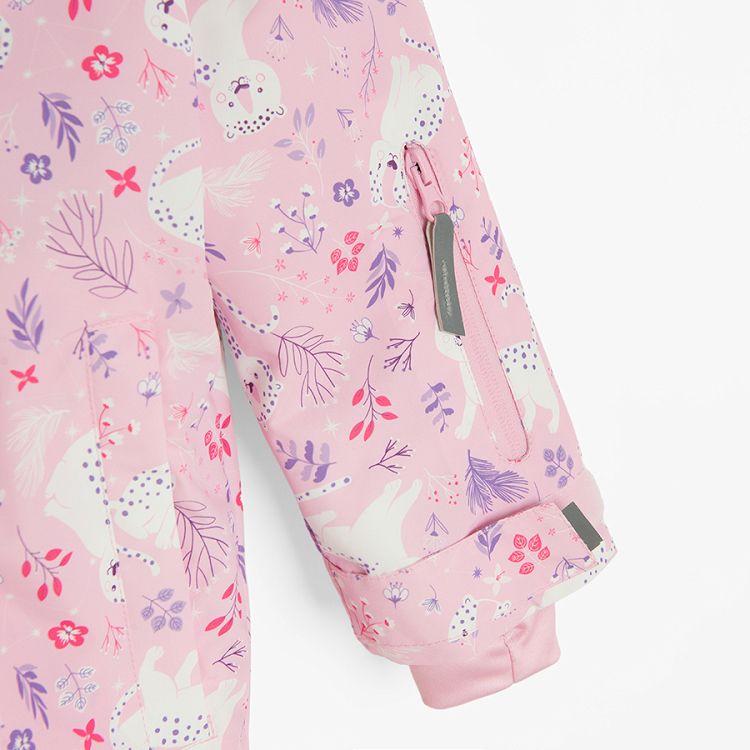 Pink hooded ski jacket with cats print