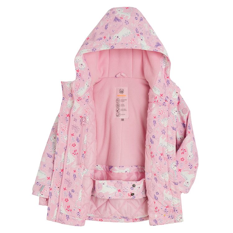 Pink hooded ski jacket with cats print