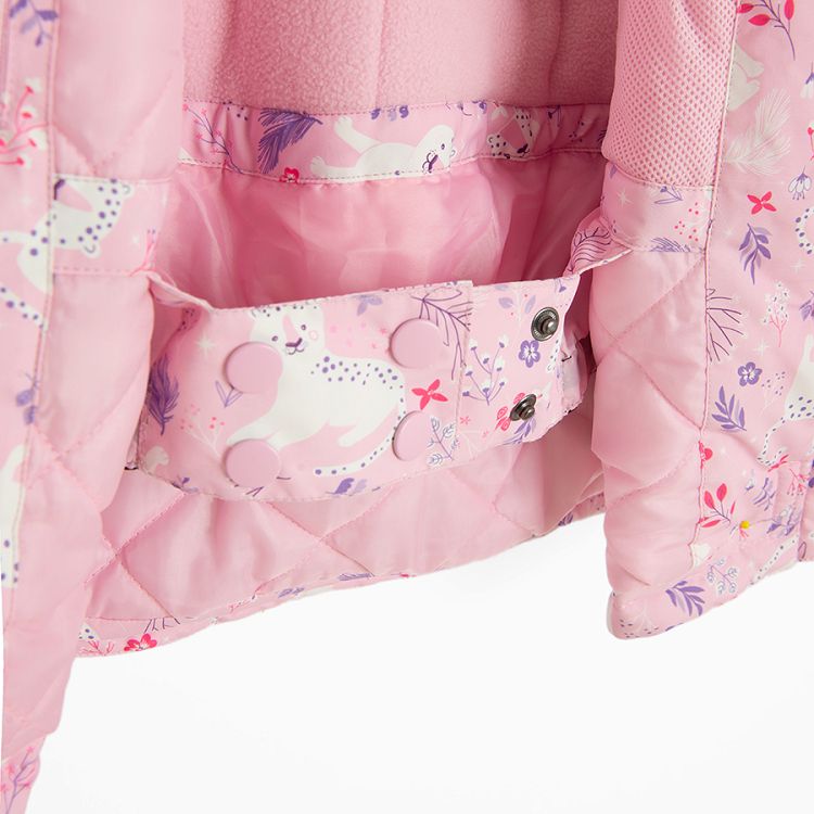 Pink hooded ski jacket with cats print