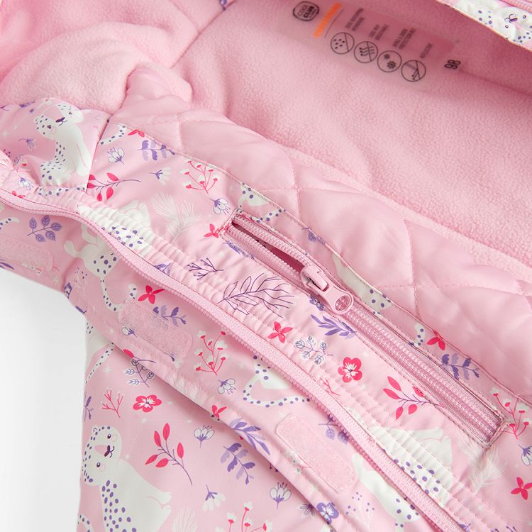 Pink hooded ski jacket with cats print