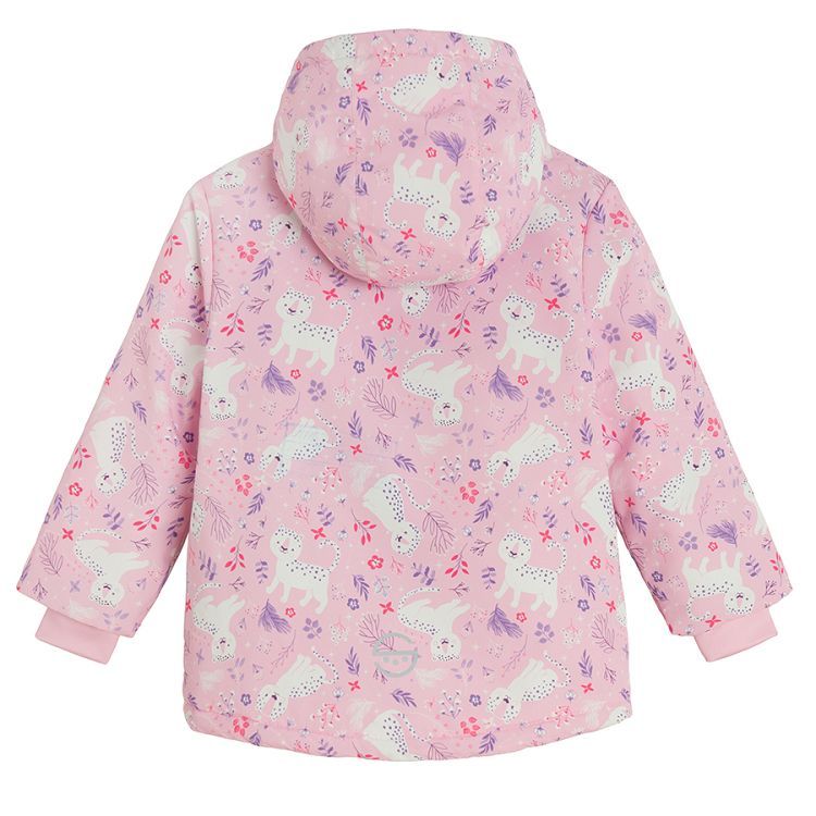 Pink hooded ski jacket with cats print