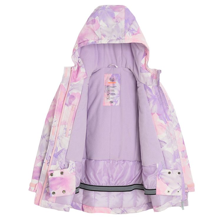 Pink with big flowers print hooded ski jacket