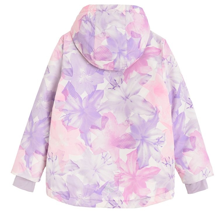 Pink with big flowers print hooded ski jacket