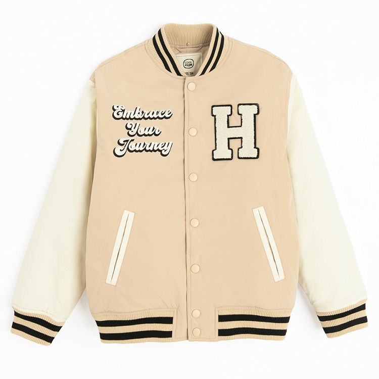 Beige hooded jacket with H print