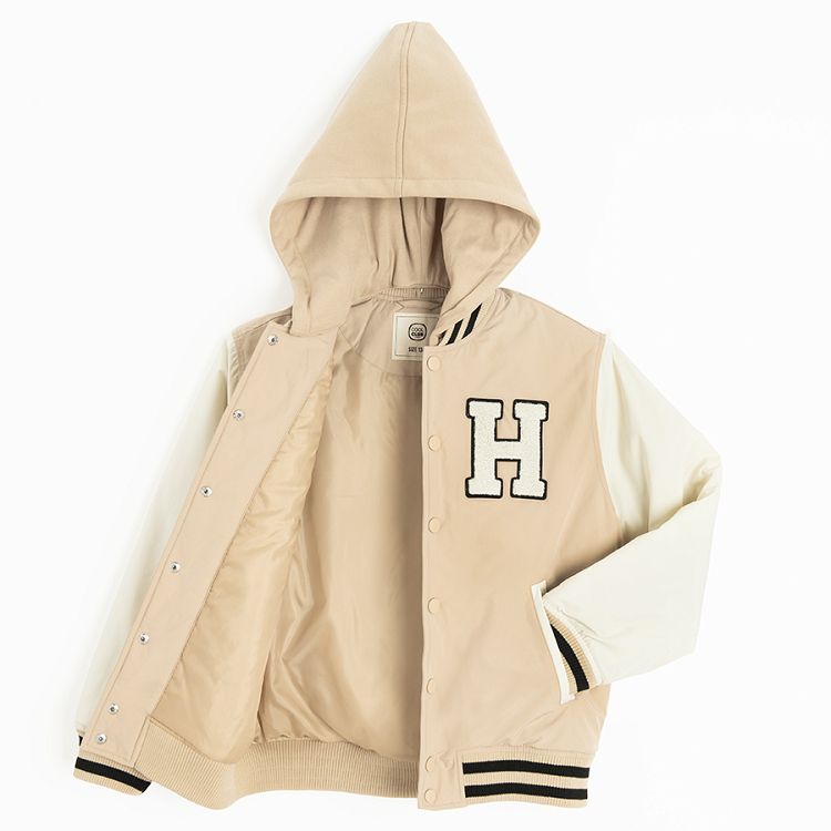 Beige hooded jacket with H print