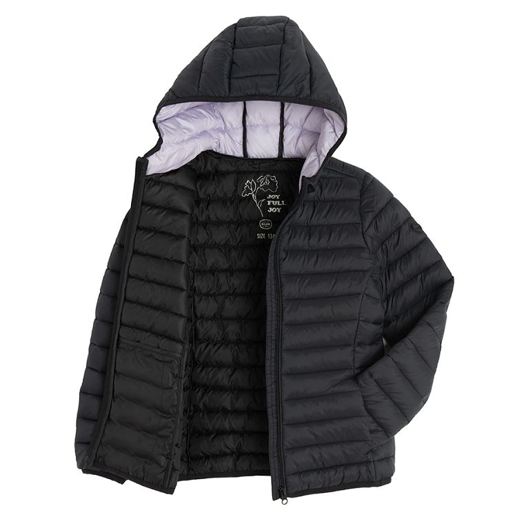 Black zip through jacket with purple lining on the hood