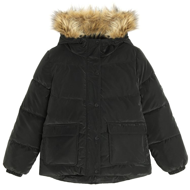 Dark grey winter jacket with fur on the hood