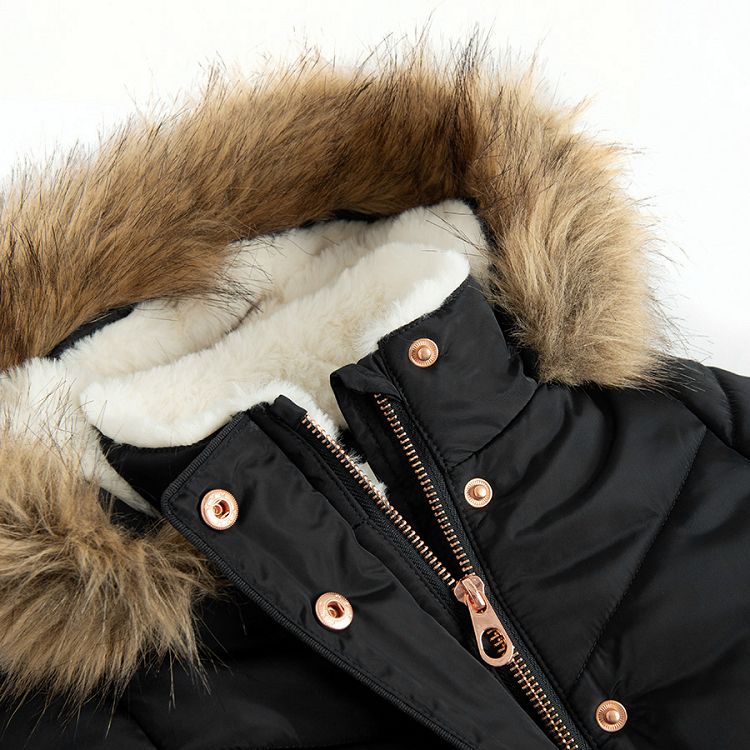 Black winter coat with fur on the hood and belt