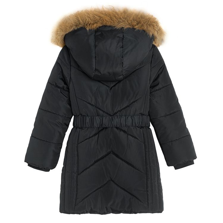 Black winter coat with fur on the hood and belt