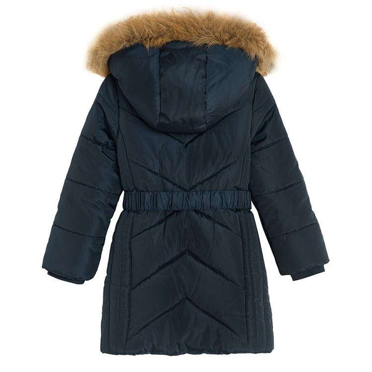 Blue winter coat with fur on the hood and belt