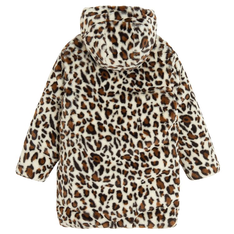 Black winter coat with animal print lining on the hood