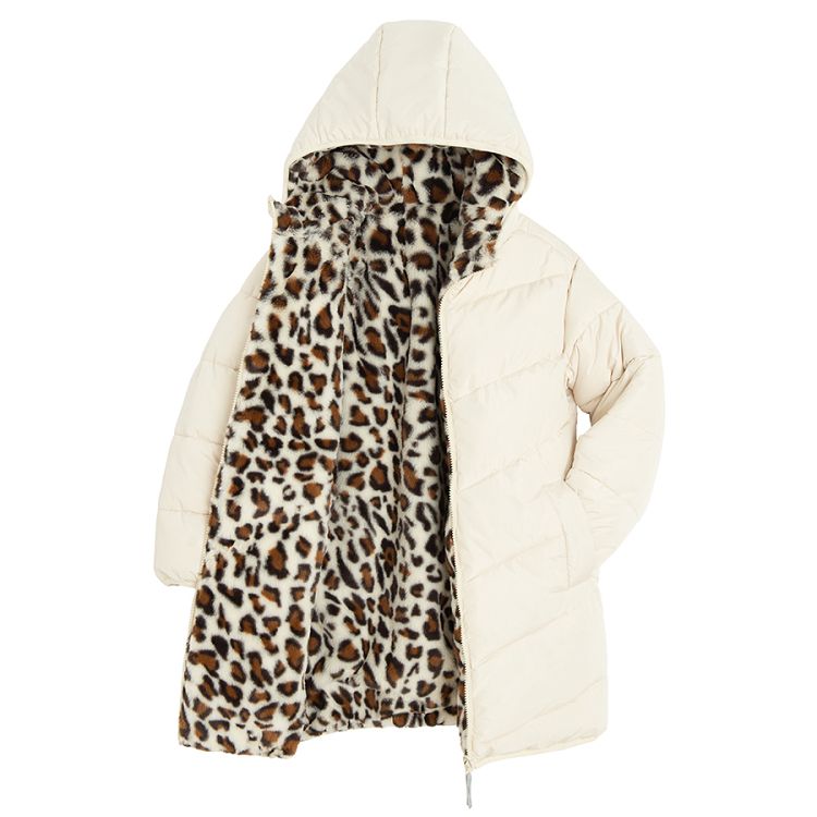 Black winter coat with animal print lining on the hood