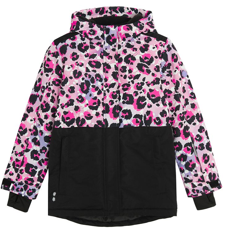 Black and pink animal print hooded ski jacket