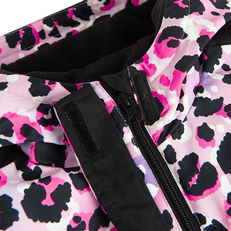 Black and pink animal print hooded ski jacket