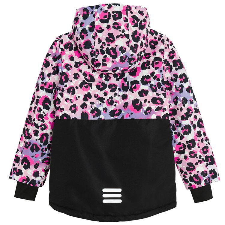 Black and pink animal print hooded ski jacket