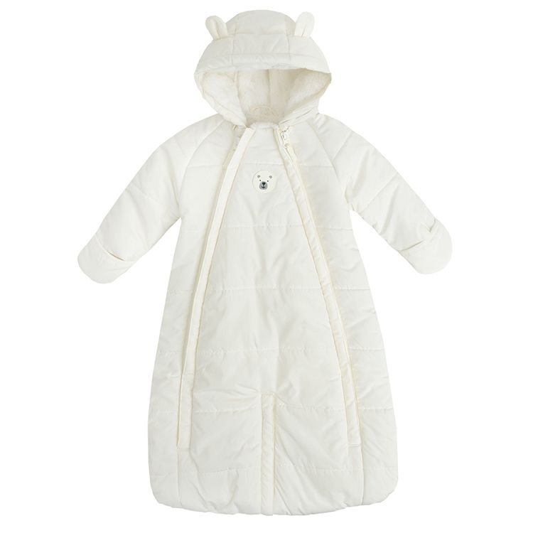 Ecru hooded snowsuit with bear print