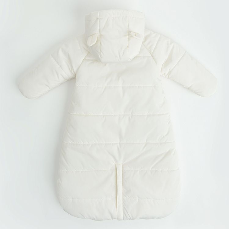 Ecru hooded snowsuit with bear print