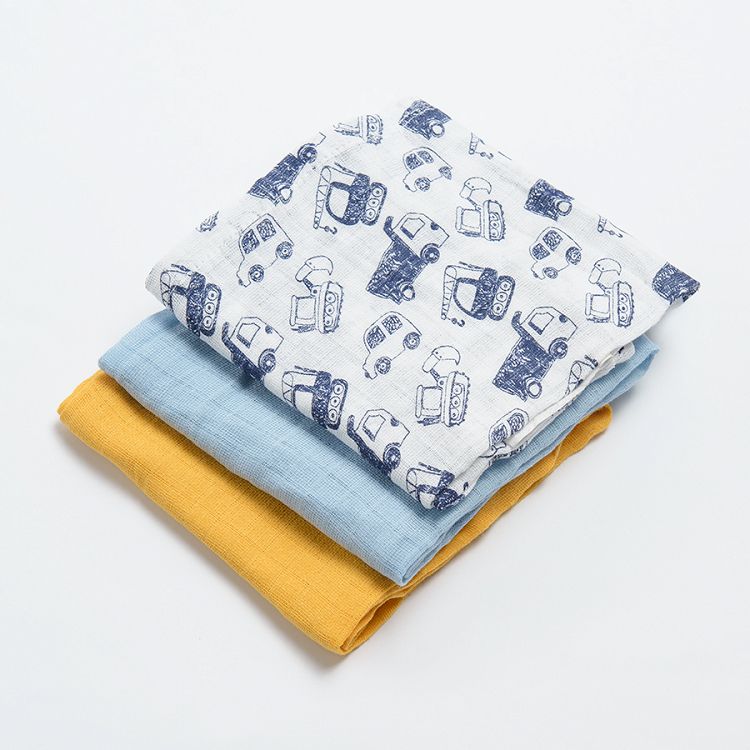 Blue yellow and white with trucks muslin nappies- 3 pack