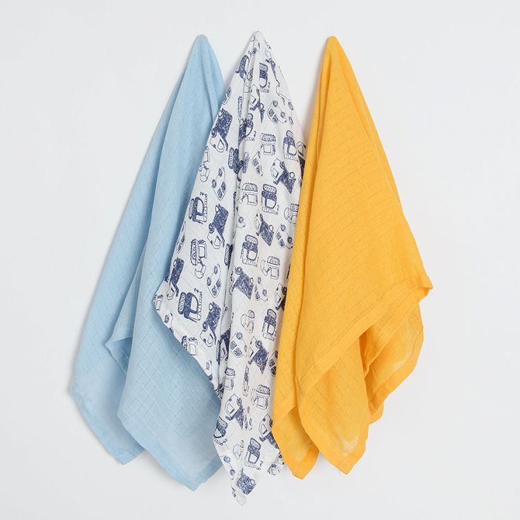 Blue yellow and white with trucks muslin nappies- 3 pack