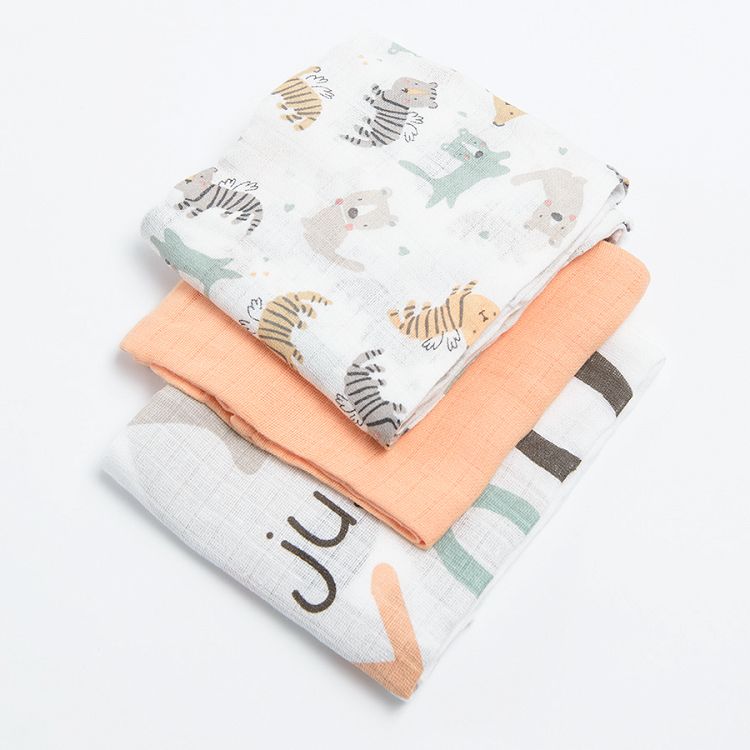 Yellow and white with animals print muslin nappies- 3 pack