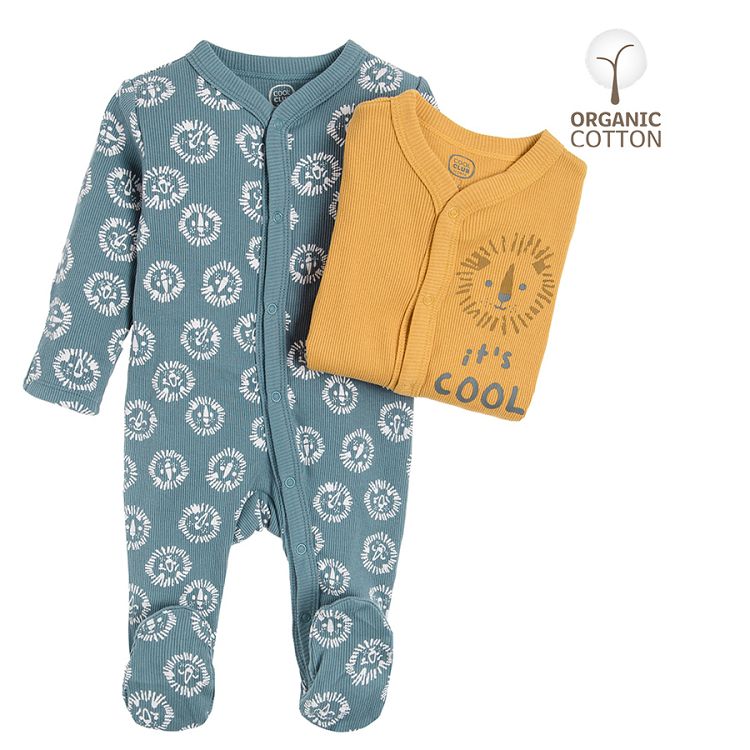 Yellow and grey with lion print organic cotton long sleeve footed bodysuit 2 pack