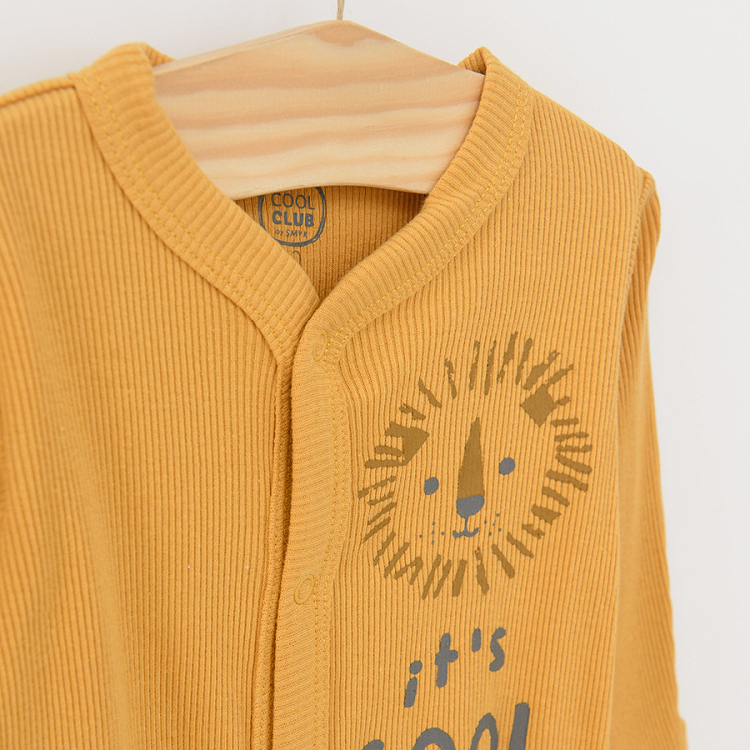 Yellow and grey with lion print organic cotton long sleeve footed bodysuit 2 pack