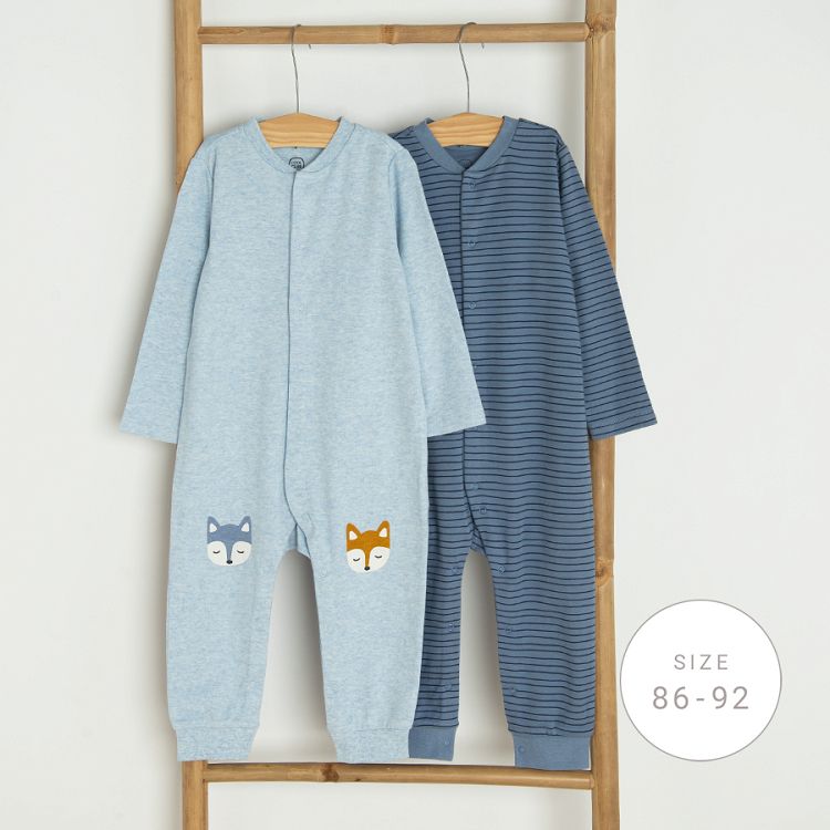 Blue stripped and light blue with fox print footed bodysuits- 2 pack