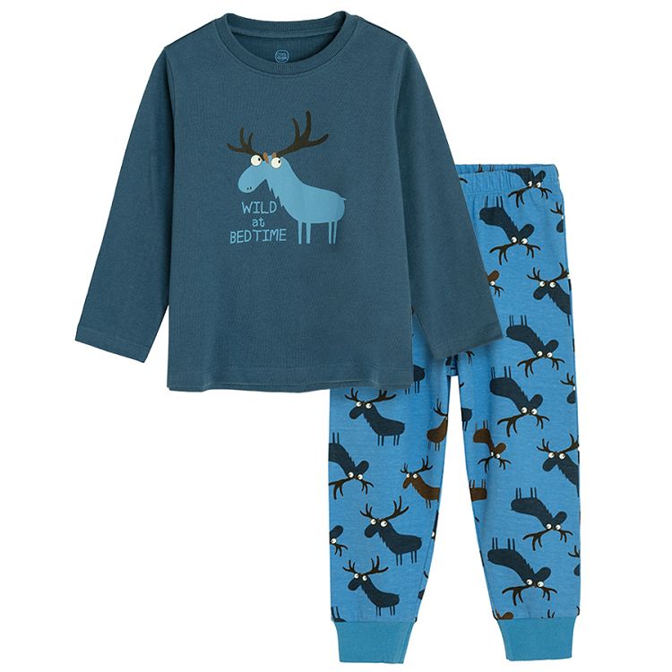 Blue long sleeve blouse and pants pyjamas with raindeer print