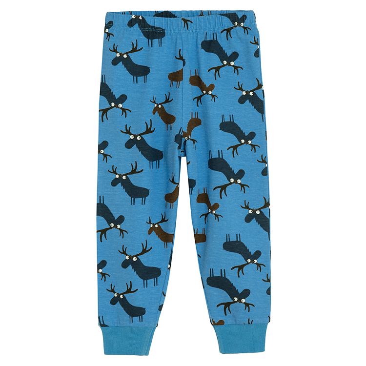 Blue long sleeve blouse and pants pyjamas with raindeer print