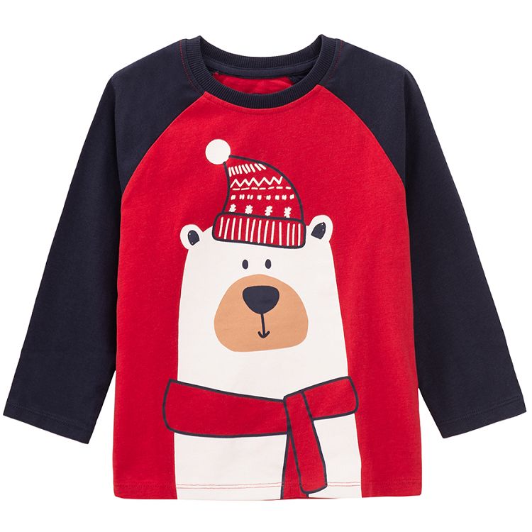 Pyjamas, blue long sleeve blouse and pants with bear and Christmas prints