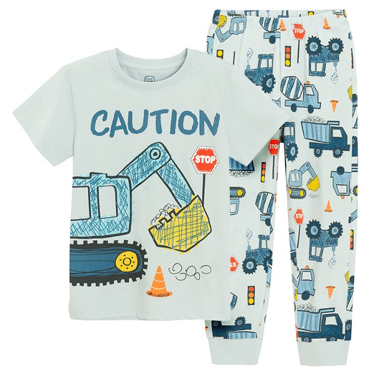 Blue short sleeve and pants pyjamas with trucks print- 2 pieces